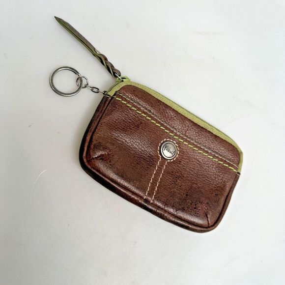 Fossil Leather Brown Green Women's Coin Purse Wallet w/ Keyring EUC - Picture 2 of 14